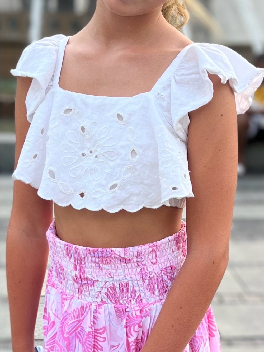 Zara White Eyelet Ruffle Crop Top for Girls
